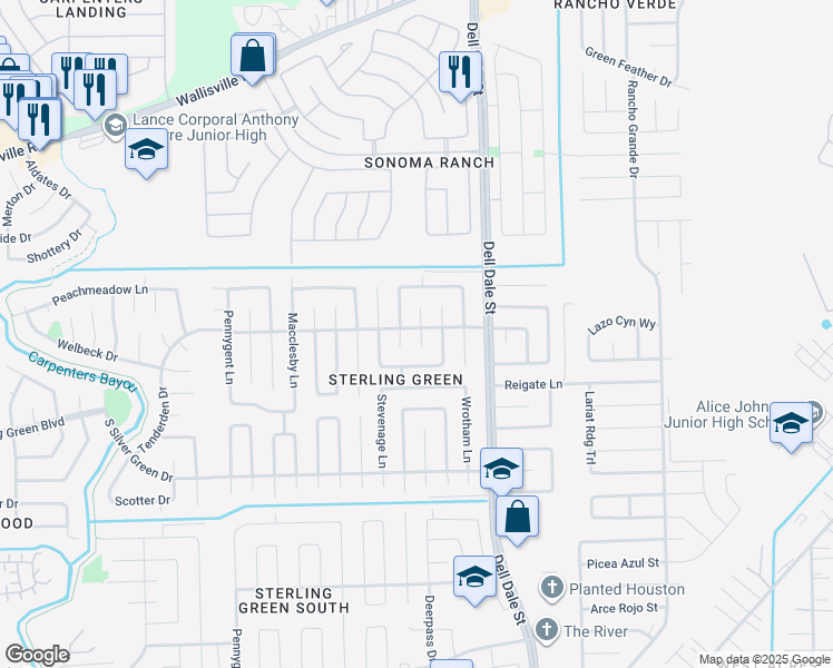 map of restaurants, bars, coffee shops, grocery stores, and more near 1419 Great Dover Circle in Channelview