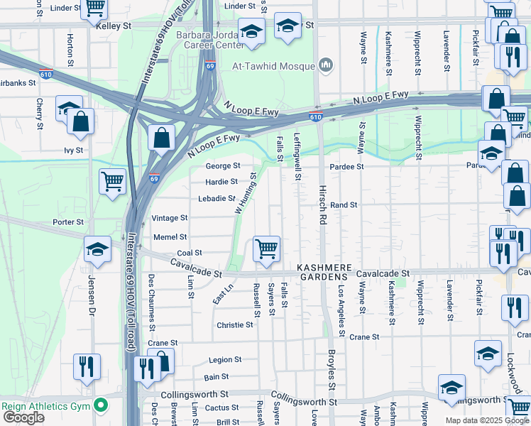 map of restaurants, bars, coffee shops, grocery stores, and more near 4709 Falls Street in Houston