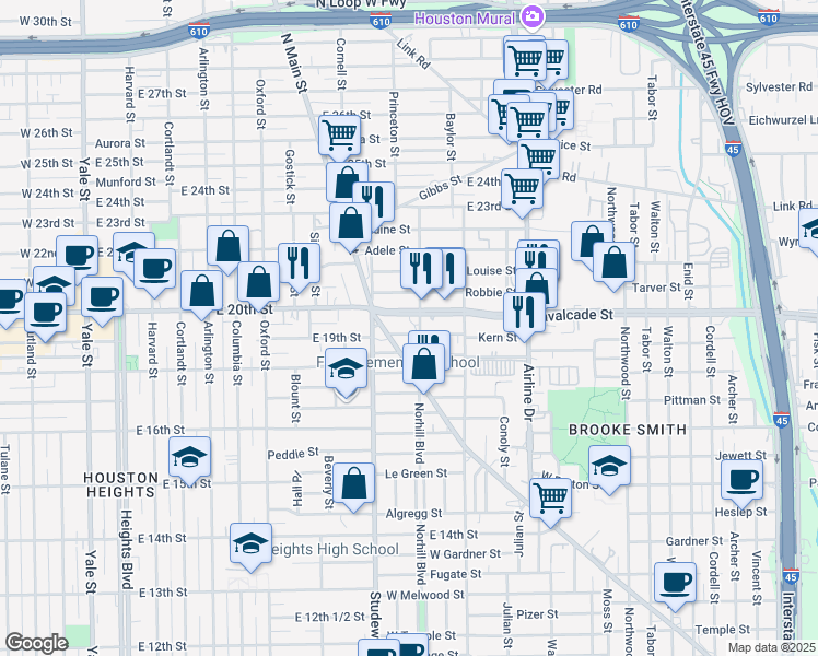 map of restaurants, bars, coffee shops, grocery stores, and more near 1112 Kern Street in Houston