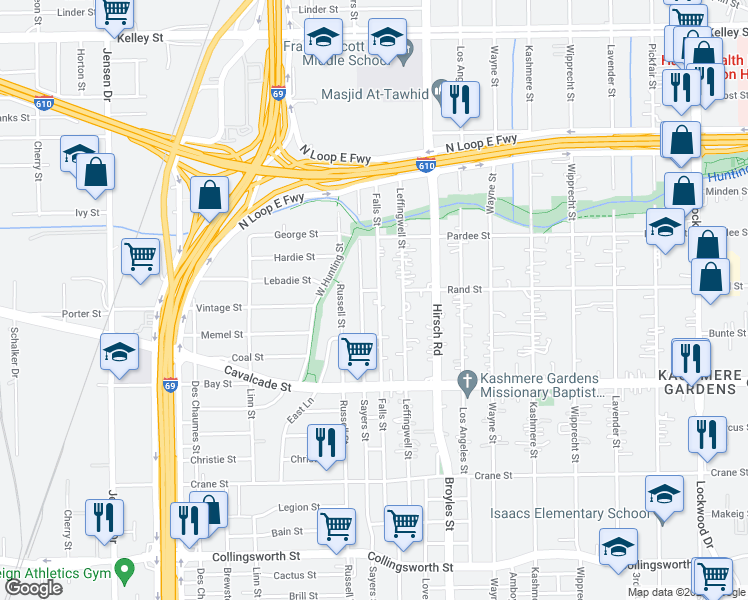 map of restaurants, bars, coffee shops, grocery stores, and more near 4709 Falls Street in Houston