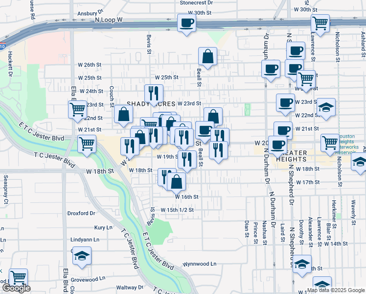 map of restaurants, bars, coffee shops, grocery stores, and more near 1138 West 20th Street in Houston