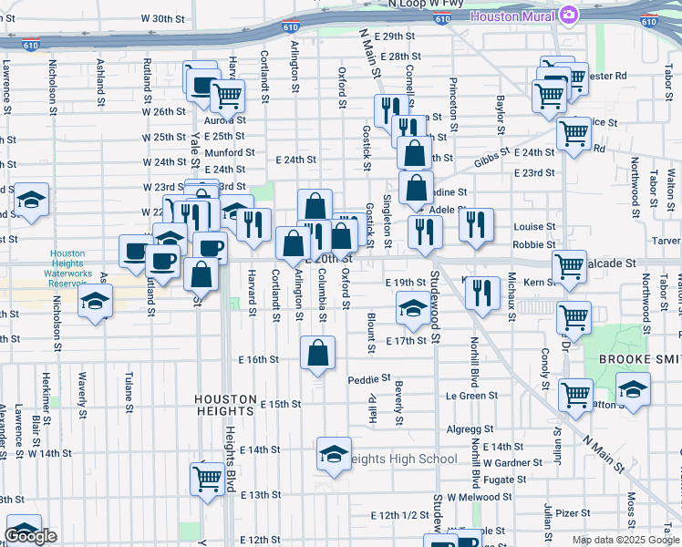 map of restaurants, bars, coffee shops, grocery stores, and more near 1915 Oxford Street in Houston