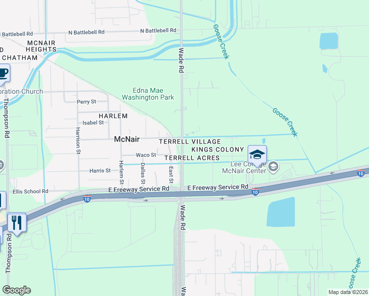 map of restaurants, bars, coffee shops, grocery stores, and more near 3026 Jerusalem Court in Baytown