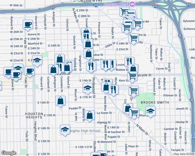 map of restaurants, bars, coffee shops, grocery stores, and more near in Houston