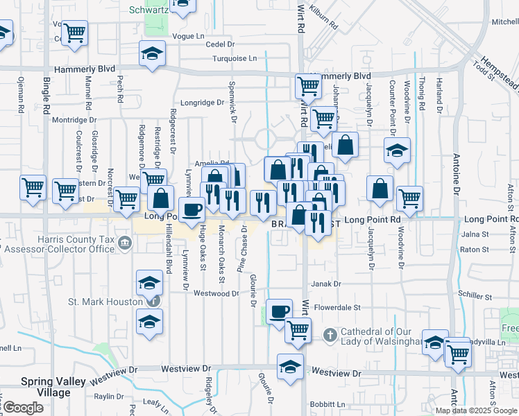 map of restaurants, bars, coffee shops, grocery stores, and more near 8000 Long Point Road in Houston