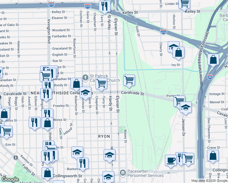 map of restaurants, bars, coffee shops, grocery stores, and more near 1605 Cavalcade Street in Houston