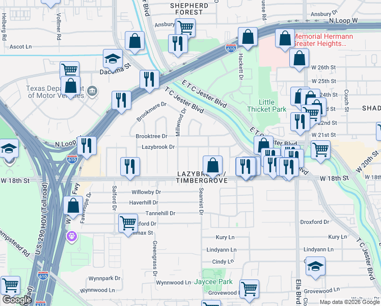map of restaurants, bars, coffee shops, grocery stores, and more near 1838 Widdicomb Court in Houston