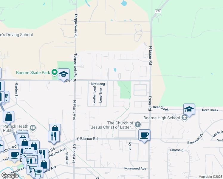 map of restaurants, bars, coffee shops, grocery stores, and more near 202 Stone Creek Drive in Boerne