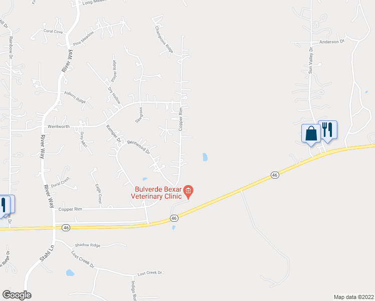 map of restaurants, bars, coffee shops, grocery stores, and more near 570 Copper Rim in Spring Branch