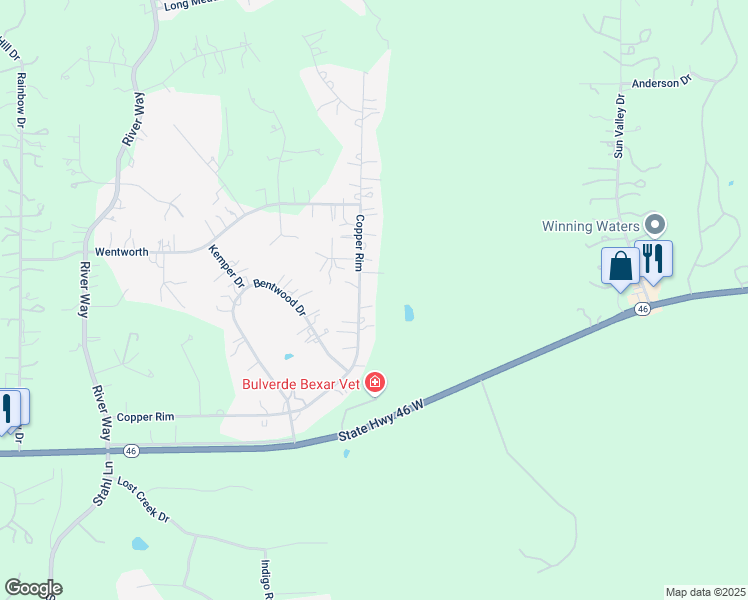 map of restaurants, bars, coffee shops, grocery stores, and more near 570 Copper Rim in Spring Branch