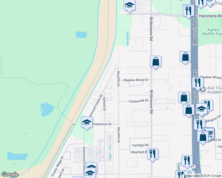 map of restaurants, bars, coffee shops, grocery stores, and more near 1400 Upland Dr in Houston