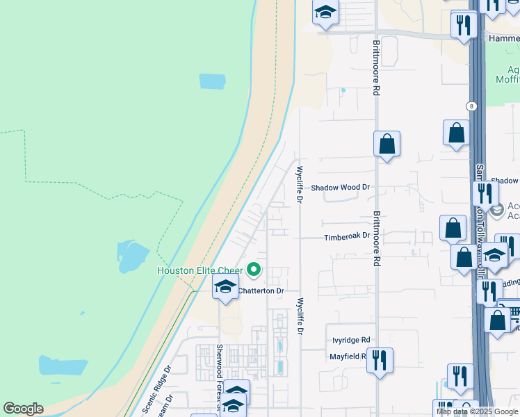 map of restaurants, bars, coffee shops, grocery stores, and more near 20 Sherwood Forest Street in Houston