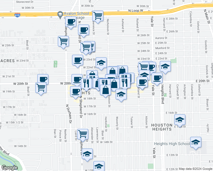 map of restaurants, bars, coffee shops, grocery stores, and more near 514 West 20th Street in Houston