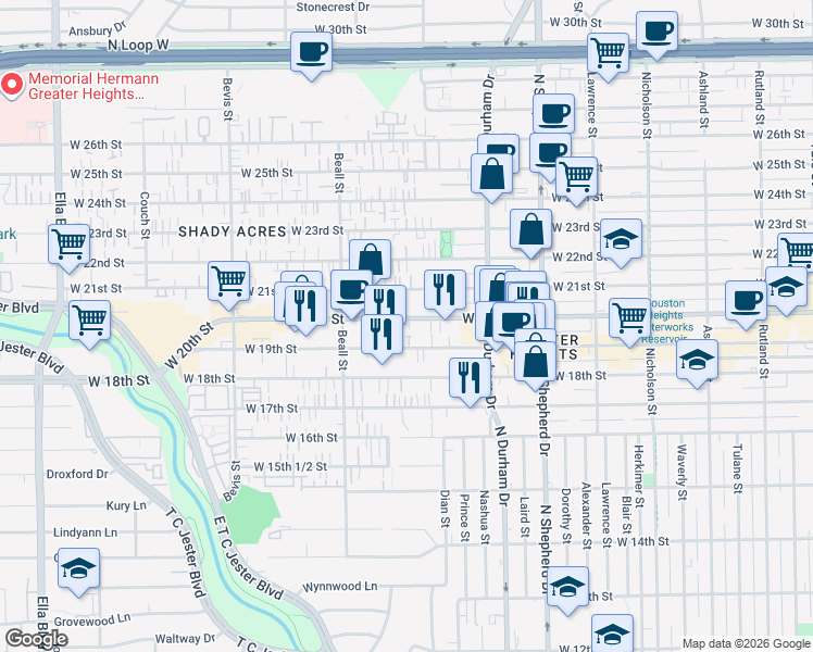 map of restaurants, bars, coffee shops, grocery stores, and more near 908 West 20th Street in Houston