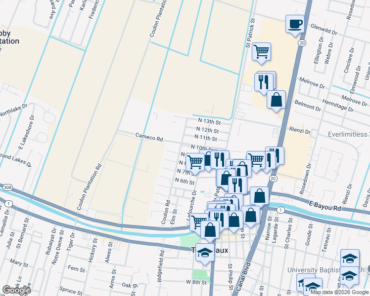 map of restaurants, bars, coffee shops, grocery stores, and more near 1023-1041 N 10th St in Thibodaux