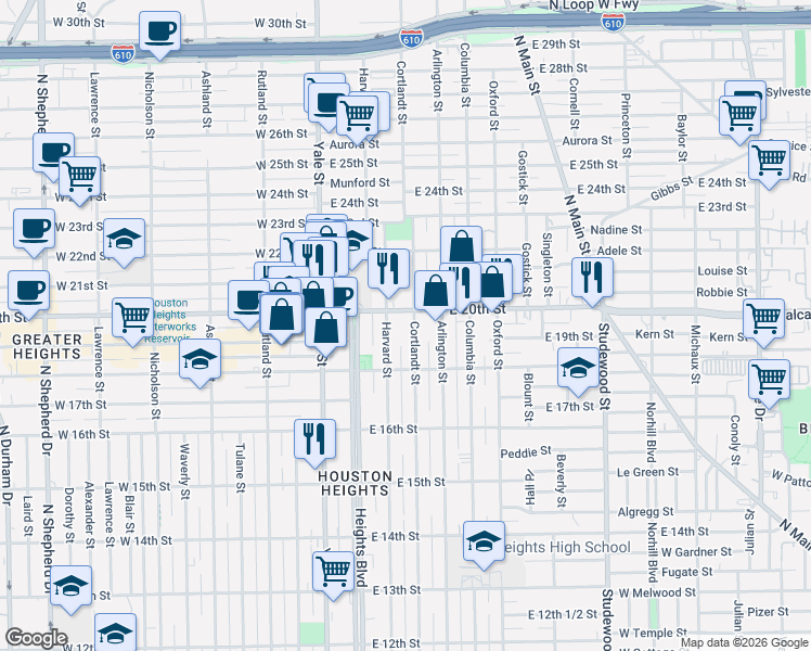 map of restaurants, bars, coffee shops, grocery stores, and more near 1842 Cortlandt Street in Houston