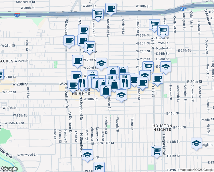 map of restaurants, bars, coffee shops, grocery stores, and more near in Houston