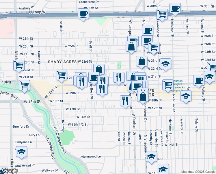 map of restaurants, bars, coffee shops, grocery stores, and more near 908 West 20th Street in Houston