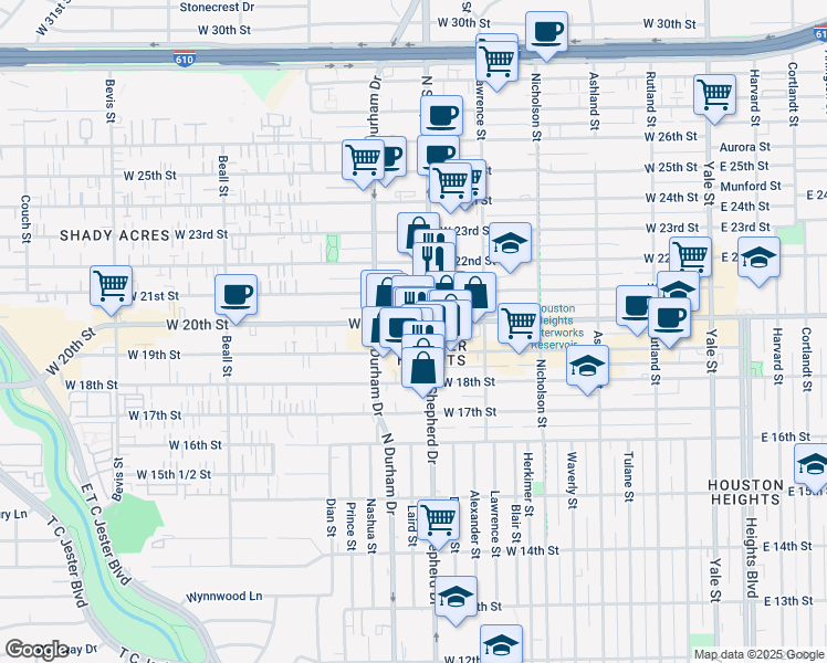 map of restaurants, bars, coffee shops, grocery stores, and more near 1919b North Shepherd Drive in Houston