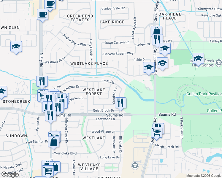 map of restaurants, bars, coffee shops, grocery stores, and more near 2410 Heathergold Drive in Houston