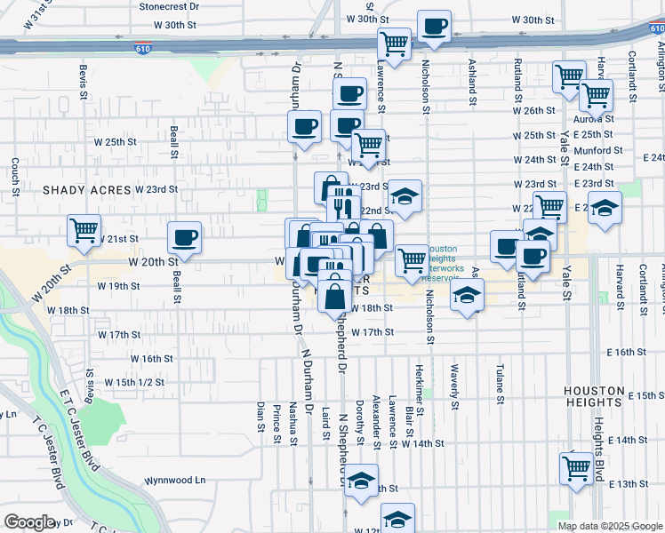 map of restaurants, bars, coffee shops, grocery stores, and more near 1919b North Shepherd Drive in Houston
