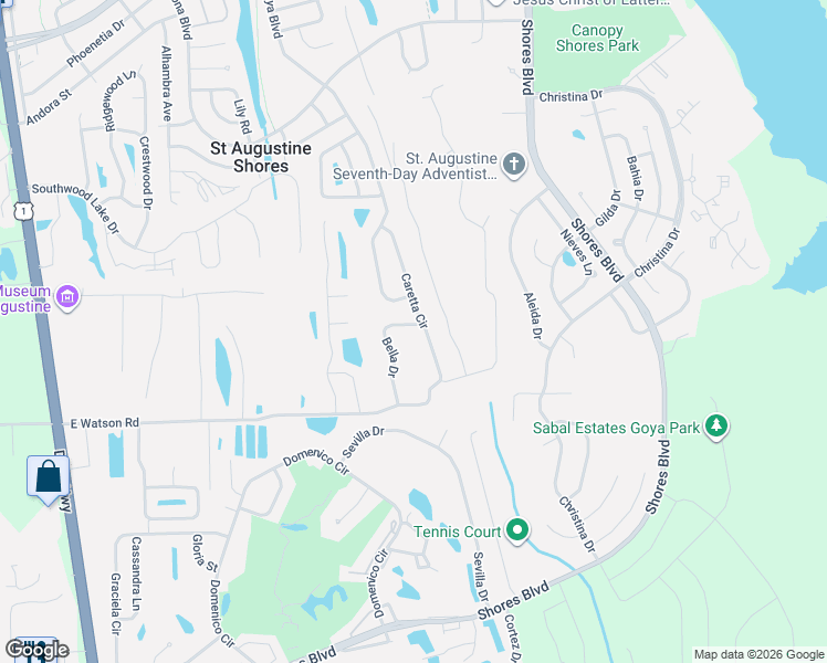 map of restaurants, bars, coffee shops, grocery stores, and more near 236 Caretta Circle in St. Augustine