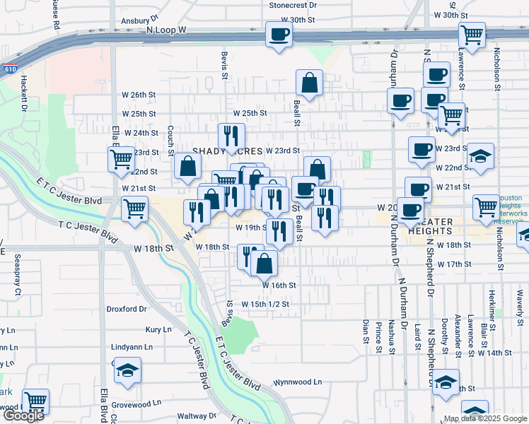 map of restaurants, bars, coffee shops, grocery stores, and more near 1138 West 20th Street in Houston