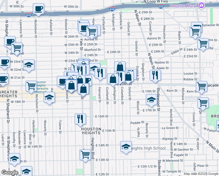 map of restaurants, bars, coffee shops, grocery stores, and more near 1842 Cortlandt Street in Houston