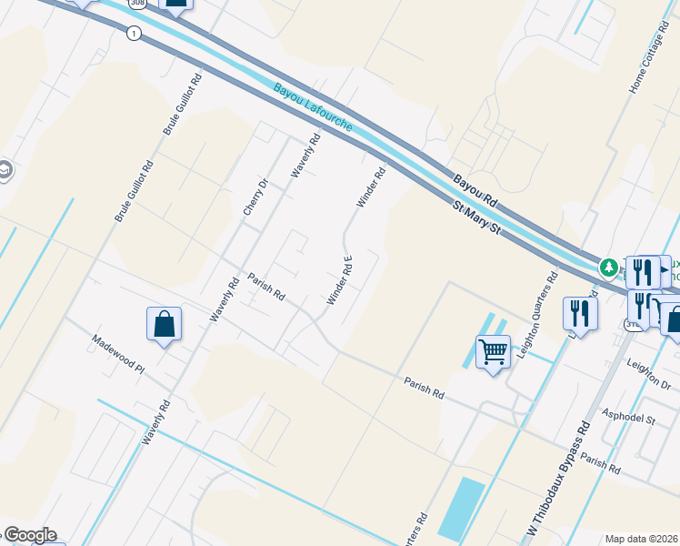 map of restaurants, bars, coffee shops, grocery stores, and more near 210 Winder Road East in Thibodaux