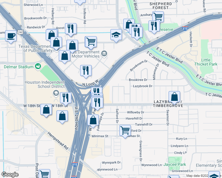 map of restaurants, bars, coffee shops, grocery stores, and more near 1839 Locksford Street in Houston