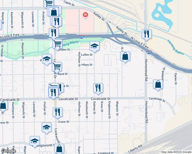 map of restaurants, bars, coffee shops, grocery stores, and more near 4710 Dabney Street in Houston