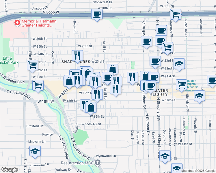 map of restaurants, bars, coffee shops, grocery stores, and more near 1034 West 20th Street in Houston