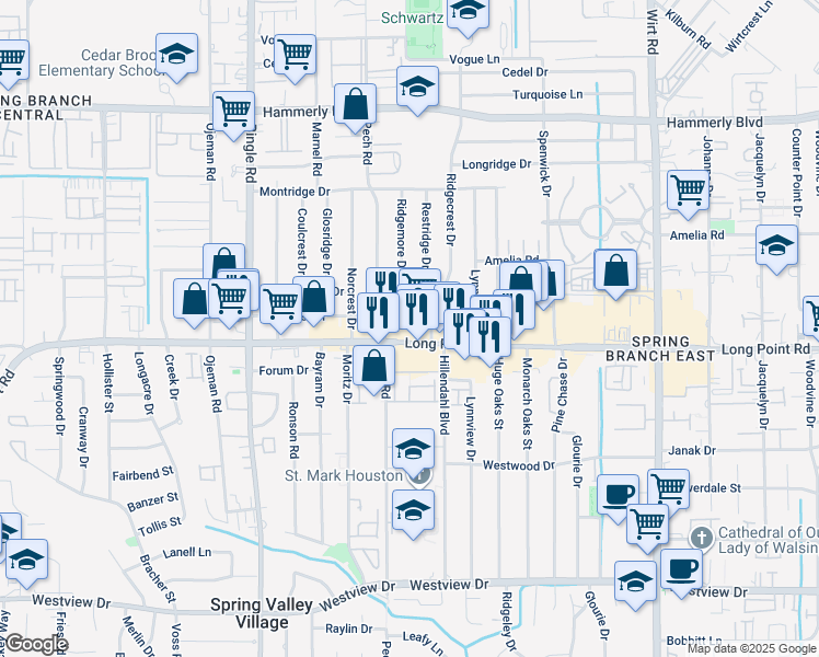 map of restaurants, bars, coffee shops, grocery stores, and more near 8335 Long Point Road in Houston