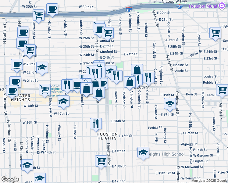 map of restaurants, bars, coffee shops, grocery stores, and more near 1845 Harvard Street in Houston