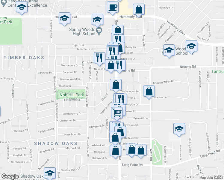 map of restaurants, bars, coffee shops, grocery stores, and more near 1711 Gessner Road in Houston