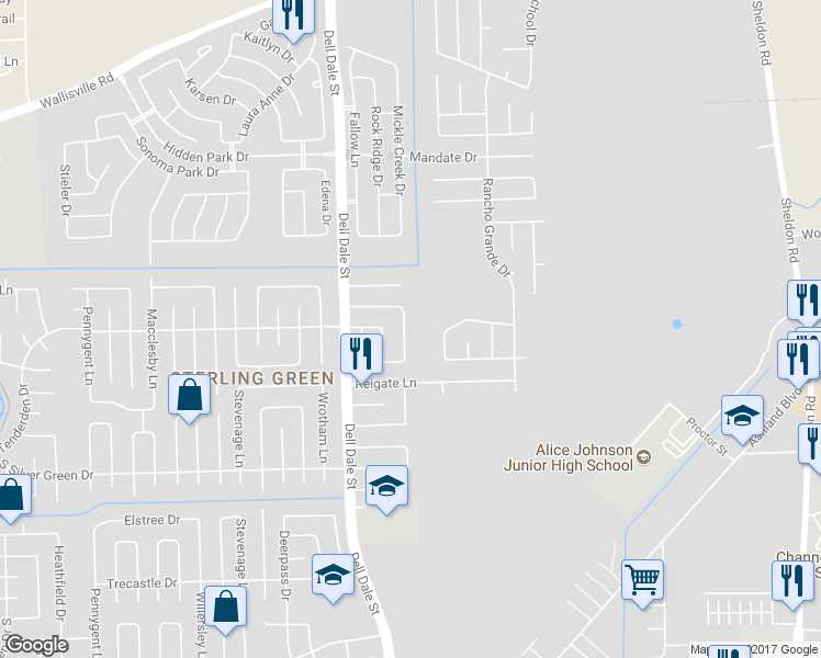 map of restaurants, bars, coffee shops, grocery stores, and more near 1434 Hitchin Lane in Channelview