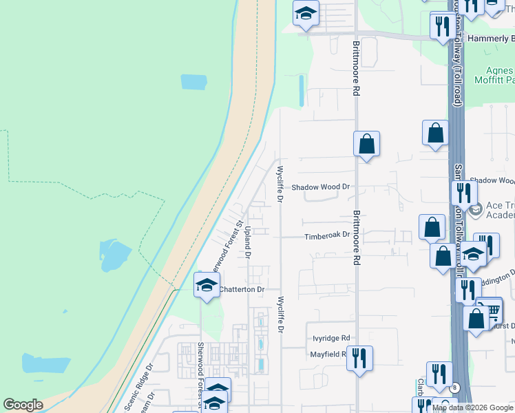 map of restaurants, bars, coffee shops, grocery stores, and more near 1400 Upland Drive in Houston