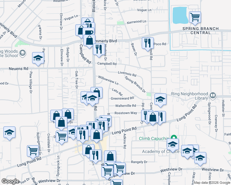 map of restaurants, bars, coffee shops, grocery stores, and more near 9345 Leto Road in Houston