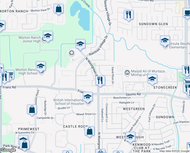 map of restaurants, bars, coffee shops, grocery stores, and more near 2418 Honey Locust Drive in Katy