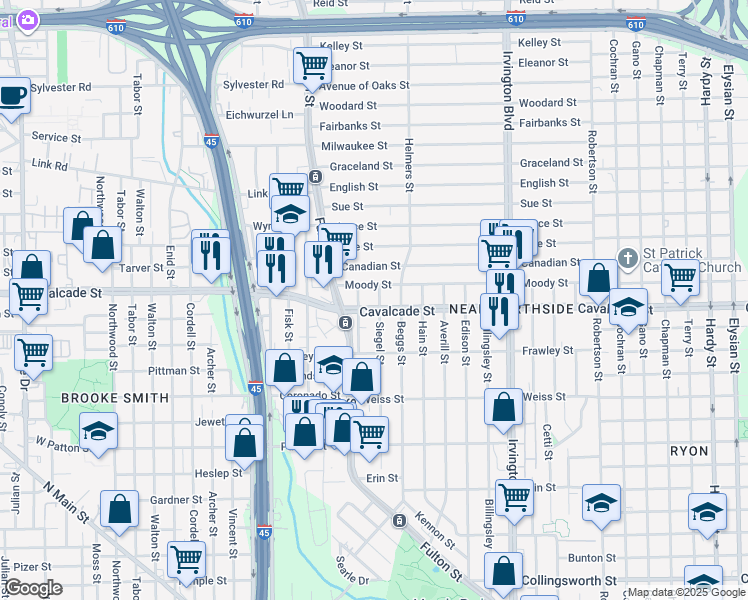 map of restaurants, bars, coffee shops, grocery stores, and more near 4807 Siegel Street in Houston