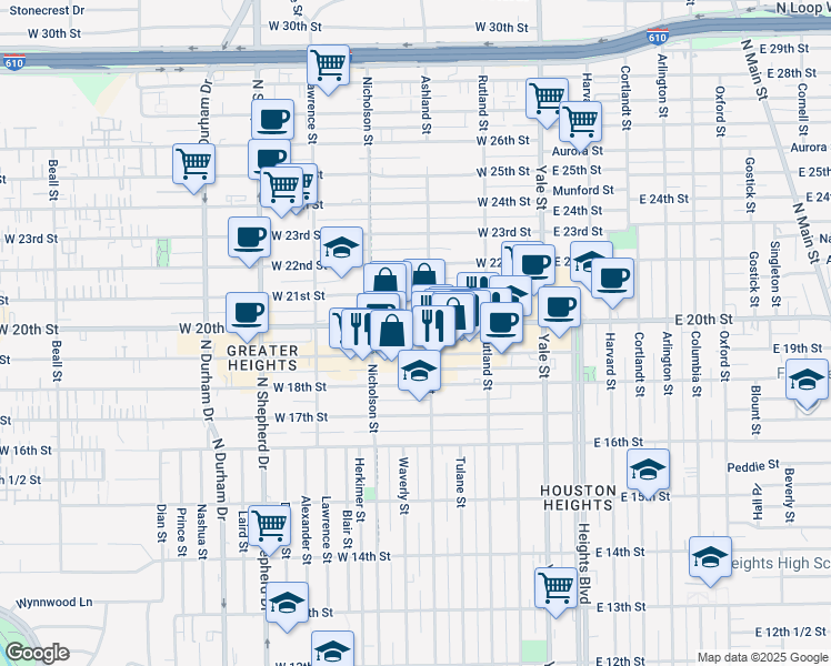 map of restaurants, bars, coffee shops, grocery stores, and more near 1917 Ashland Street in Houston