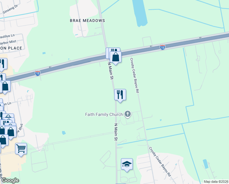 map of restaurants, bars, coffee shops, grocery stores, and more near 6835 North Main Street in Baytown