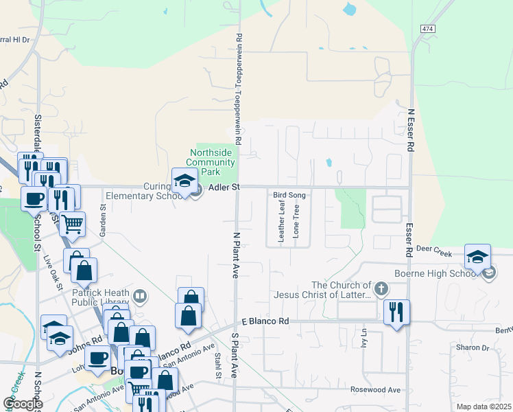 map of restaurants, bars, coffee shops, grocery stores, and more near 137 Oak Grove Drive in Boerne