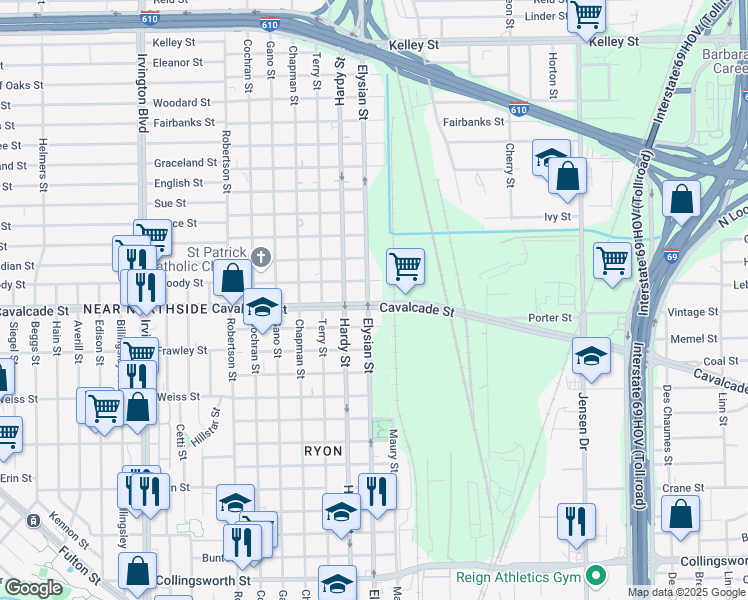 map of restaurants, bars, coffee shops, grocery stores, and more near 1715 Cavalcade Street in Houston