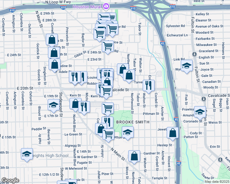 map of restaurants, bars, coffee shops, grocery stores, and more near 735 West Cavalcade Street in Houston
