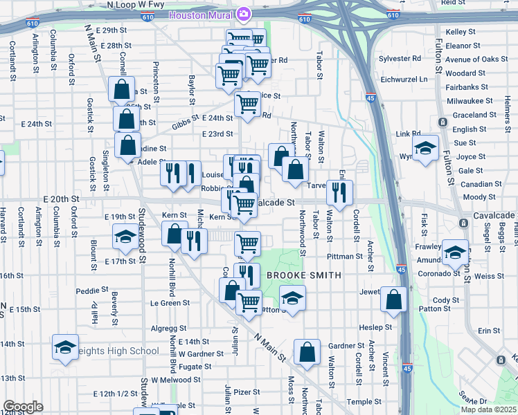 map of restaurants, bars, coffee shops, grocery stores, and more near 735 West Cavalcade Street in Houston