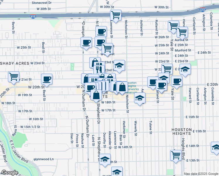 map of restaurants, bars, coffee shops, grocery stores, and more near 624 West 20th Street in Houston