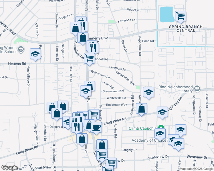 map of restaurants, bars, coffee shops, grocery stores, and more near 9345 Leto Road in Houston