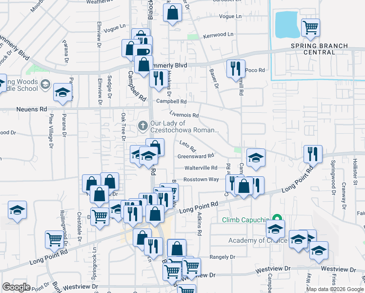 map of restaurants, bars, coffee shops, grocery stores, and more near 9345 Leto Road in Houston