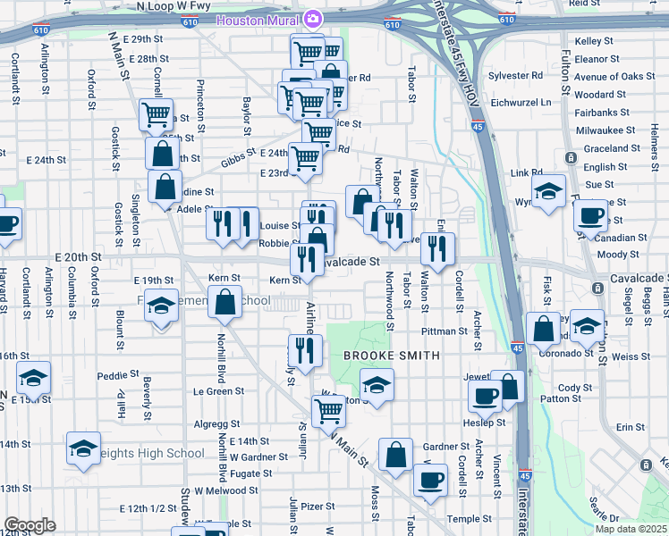 map of restaurants, bars, coffee shops, grocery stores, and more near 735 West Cavalcade Street in Houston